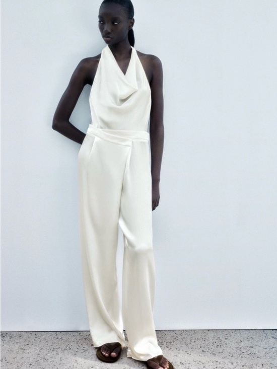 Zara Pants - NWT Zara Satin Effect Halter Draped Jumpsuit Size M Cream